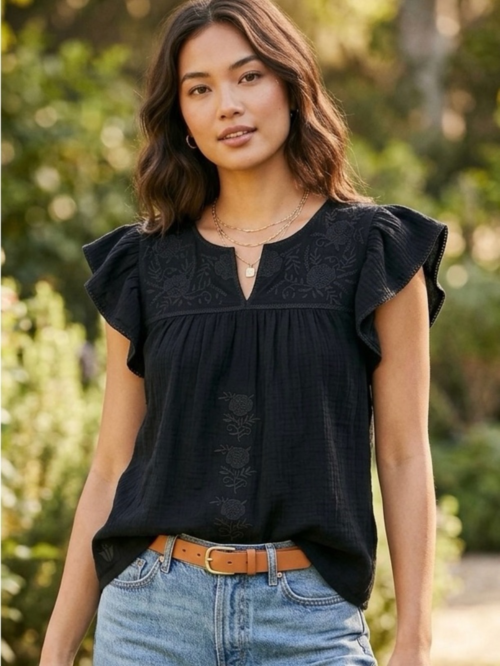 J.Marie Embroidered Monochrome M Black Flutter Sleeve Boho Blouse